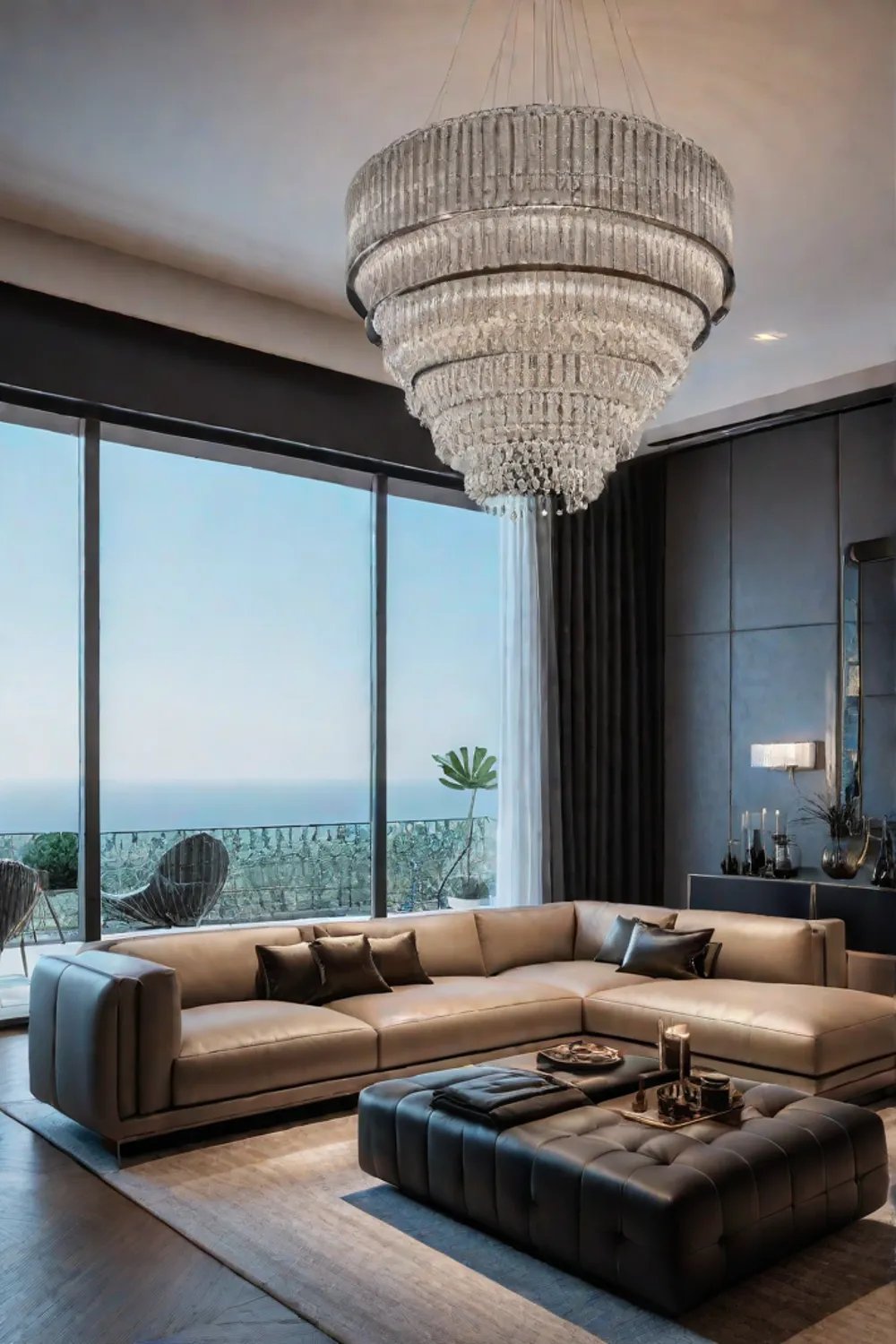 Minimalist living room with leather sofa and chandelier