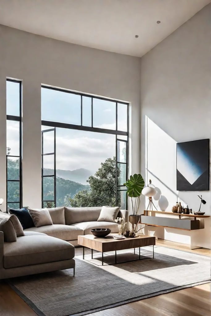 Minimalist living room with neutral colors and ample natural light
