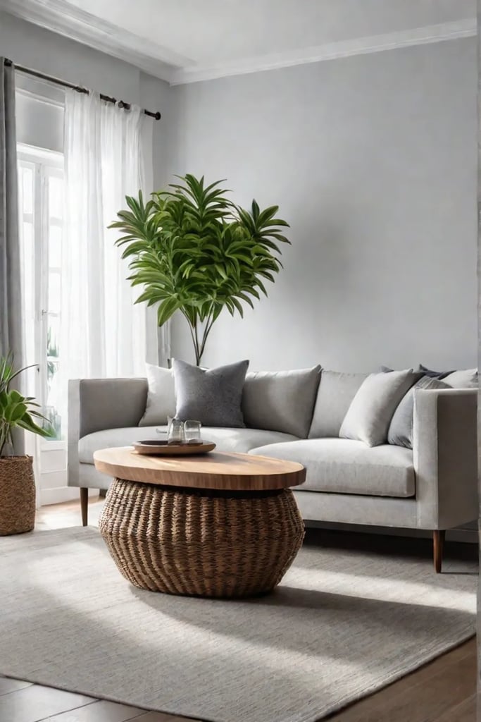 Minimalist living room with organic elements and natural light