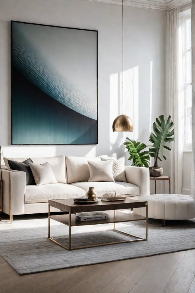 Minimalist living room with statement artwork and a sculptural floor lamp