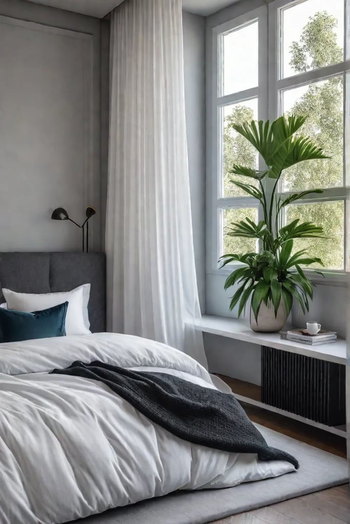 Minimalist modern bedroom with plush bed and large window