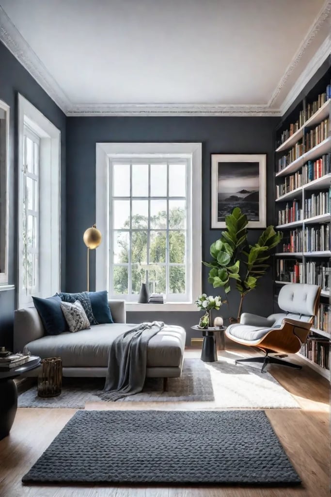 Minimalist floating shelves in a bedroom reading nook