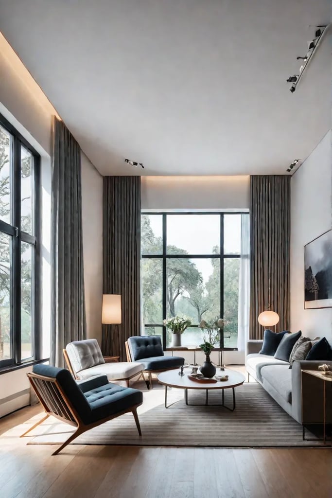 Minimalist furniture arrangement in a living room with tall windows
