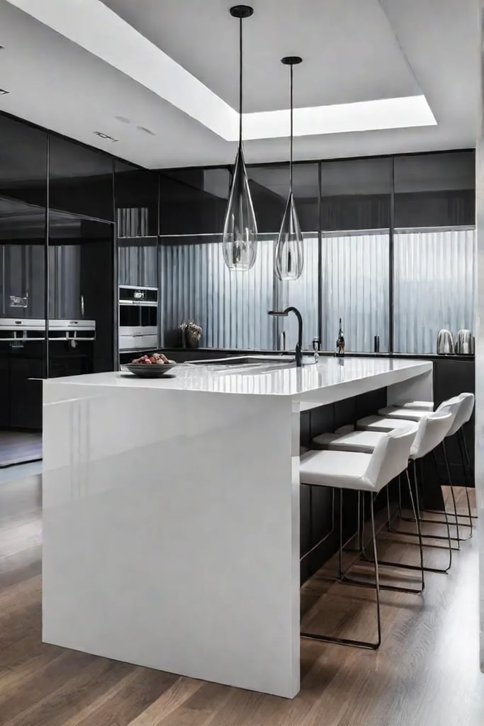 Minimalist kitchen design with handleless doors and a waterfall island