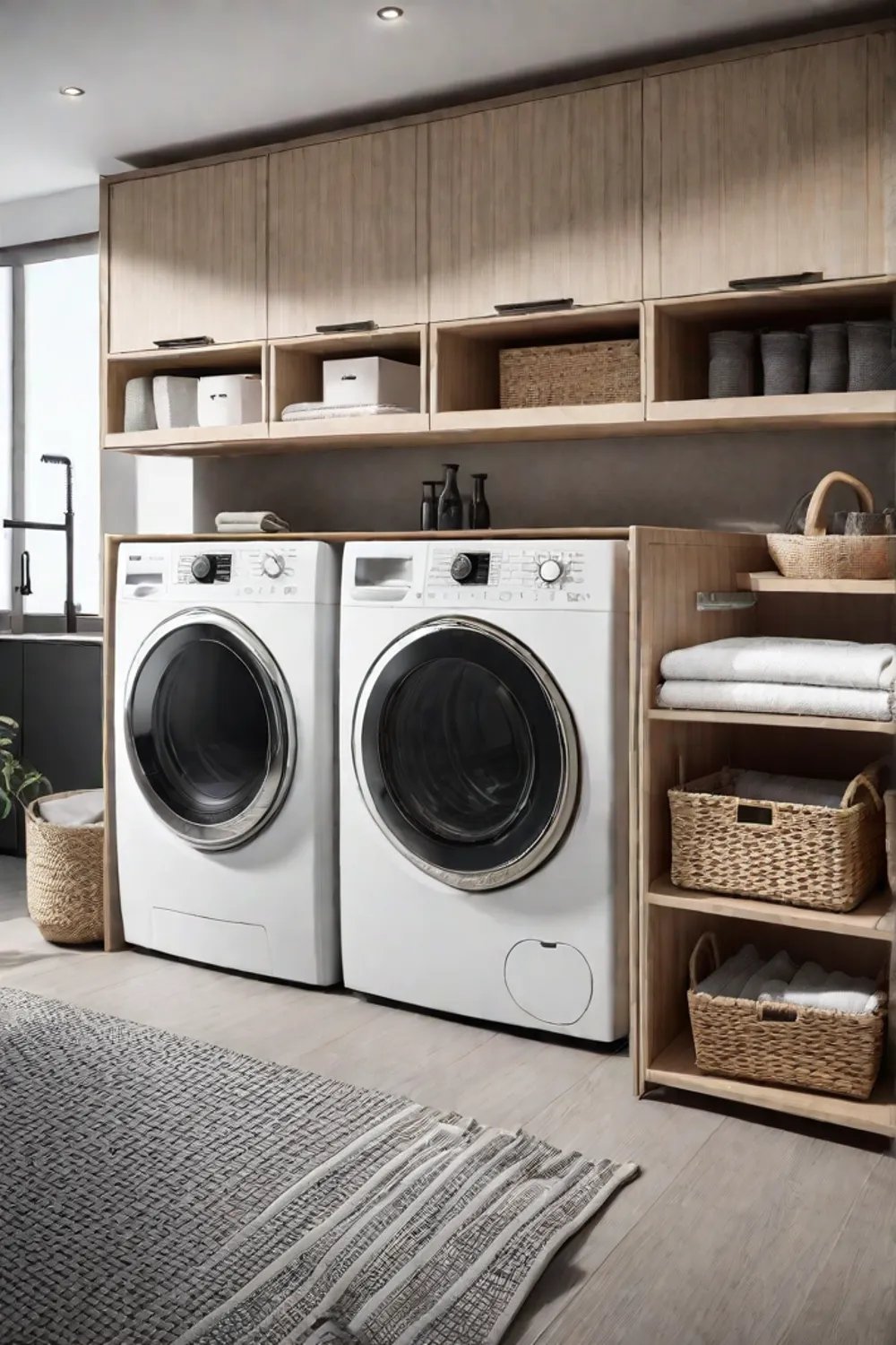 Minimalist laundry room with foldable drying rack and builtin hamper