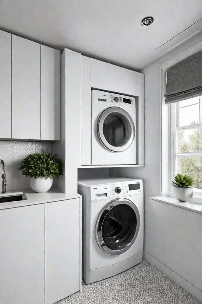 Minimalist laundry room with white cabinets and appliances