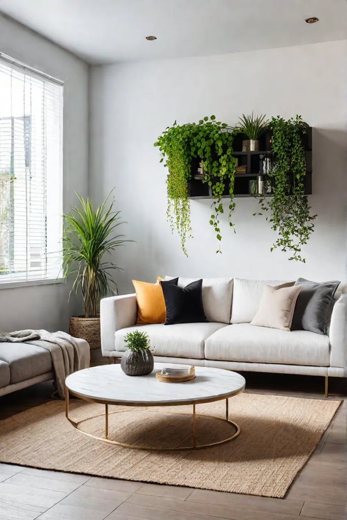 Minimalist living room with floating shelves and vertical garden