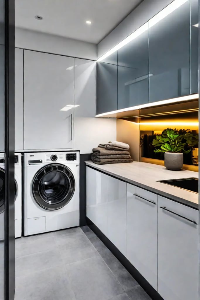 Mirrored backsplash and glossy cabinets enhance light in a small laundry room