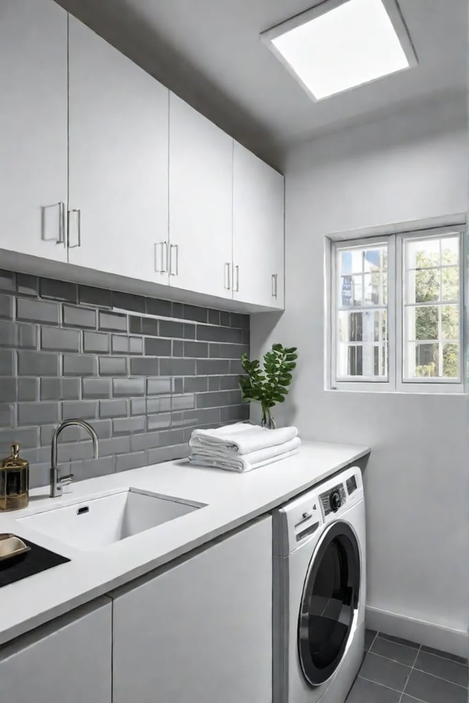 Mirrors and bright lighting create an illusion of spaciousness in a laundry room
