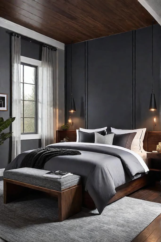Modern and inviting bedroom with a gray paint finish and a dark