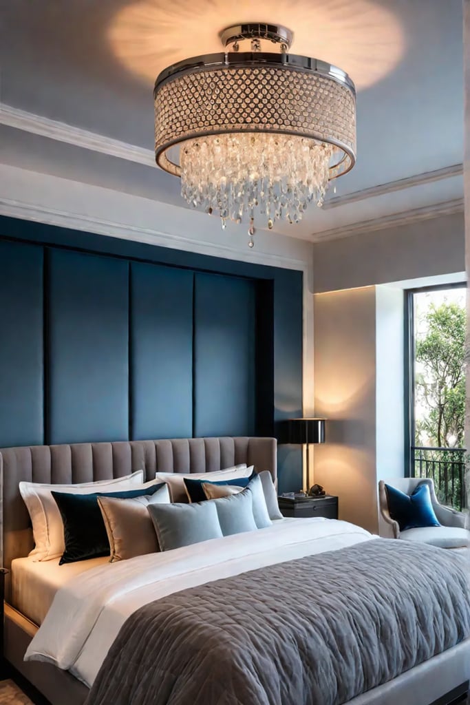 Modern bedroom with ambient lighting and tufted headboard