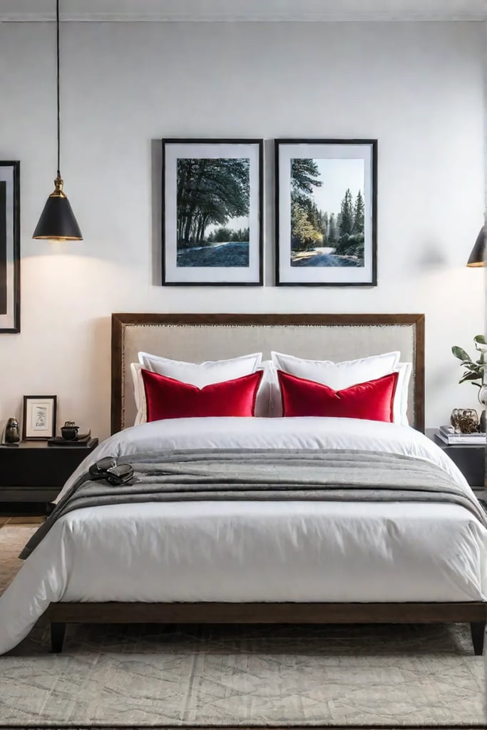 Modern bedroom with gallery wall and collection of framed photos
