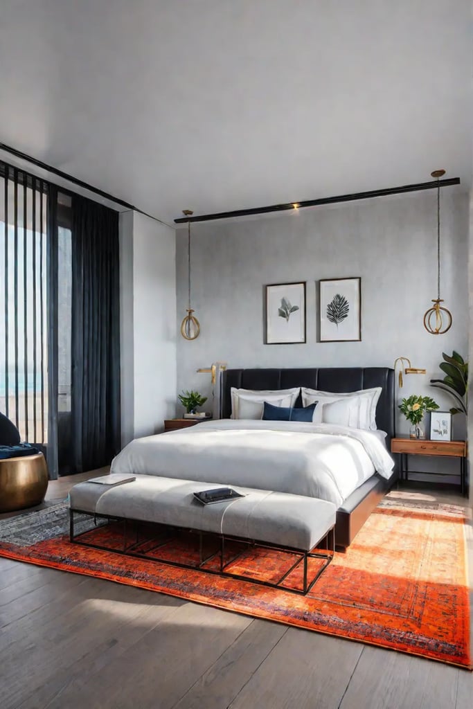 Modern bedroom with home gym area and treadmill