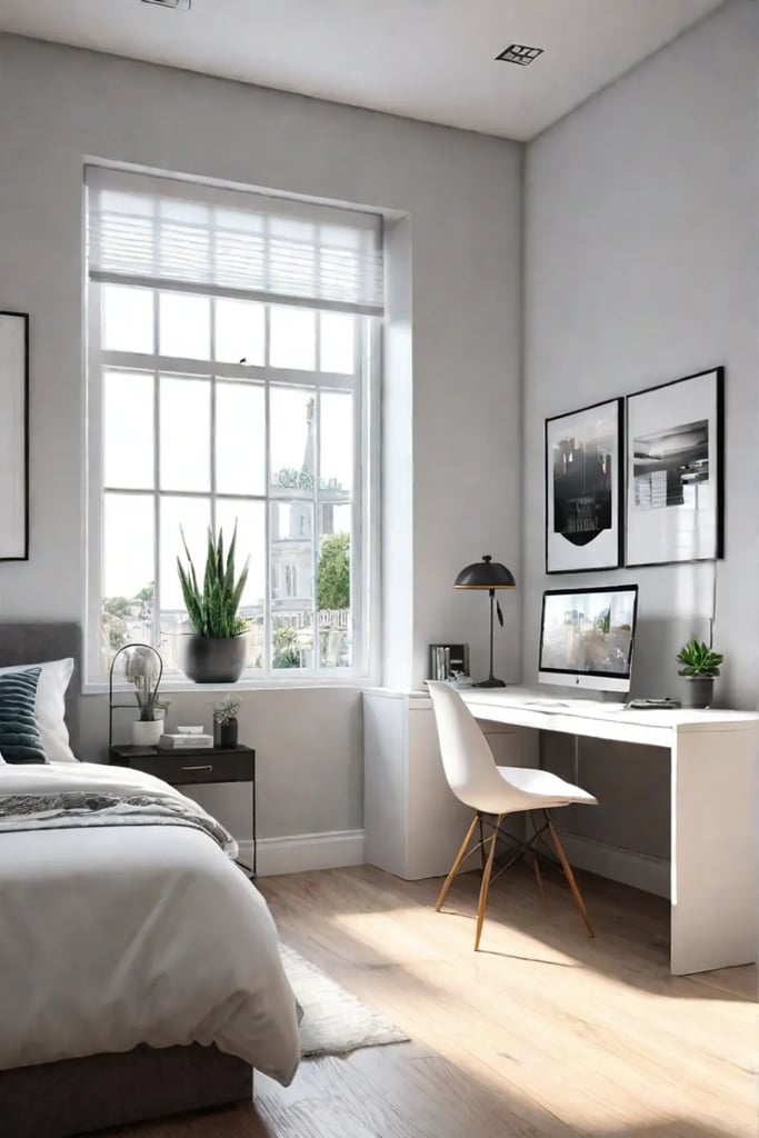 Modern bedroom with home office area and builtin desk