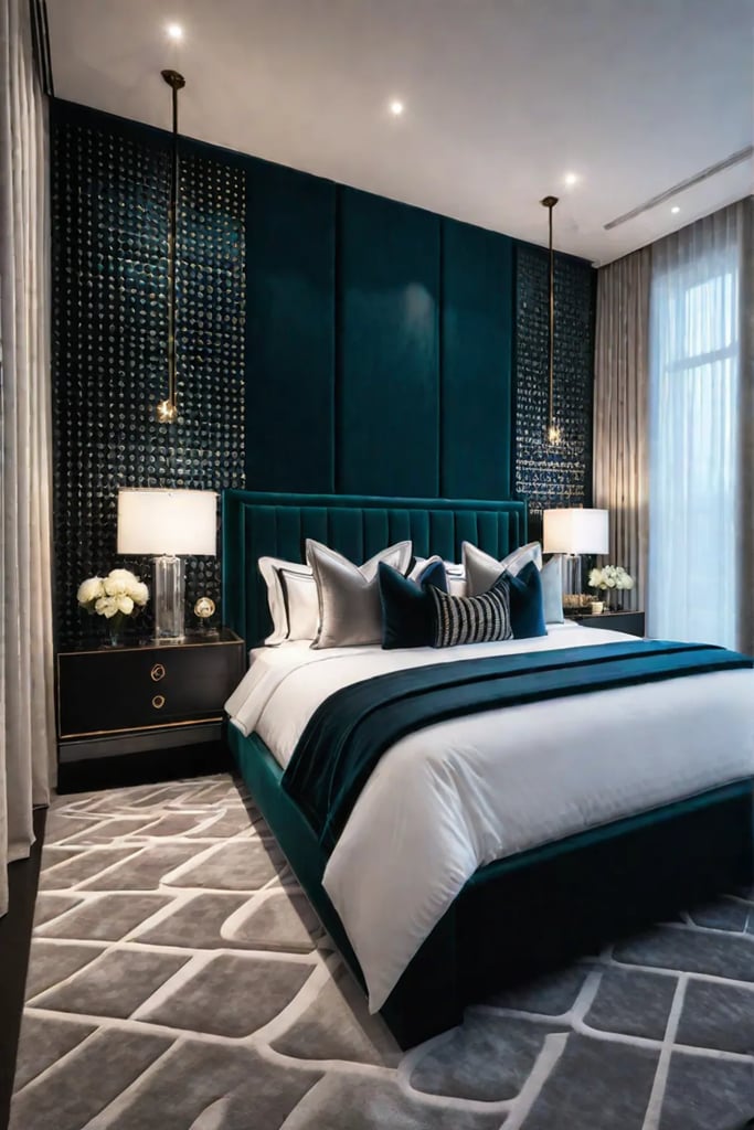 Modern bedroom with luxurious soft furnishings and velvet bed