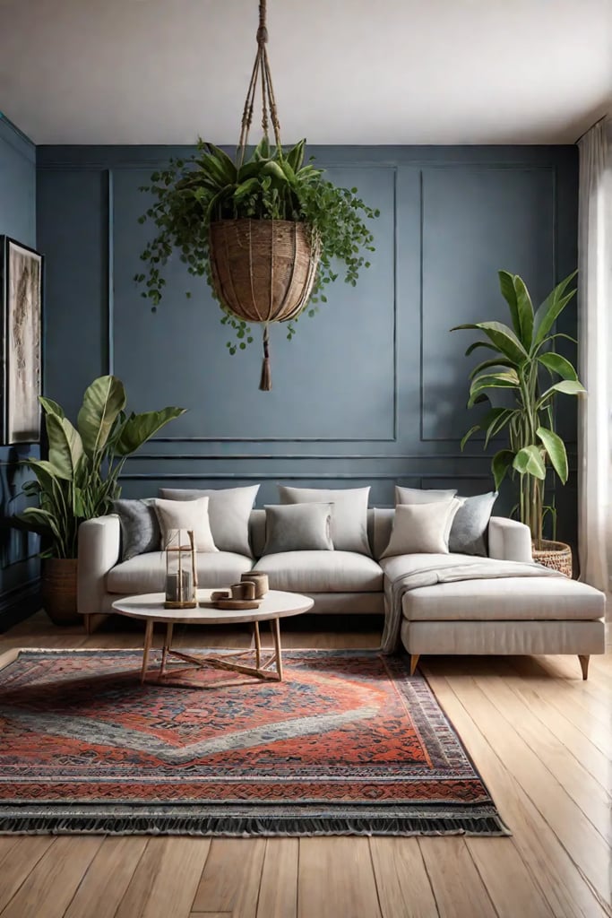 Modern bohemian living room with macrame and plants
