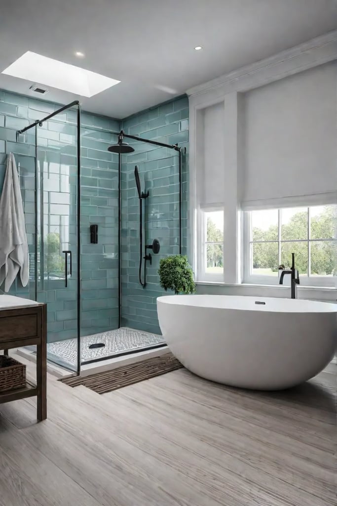 Modern farmhouse bathroom with a shower showcasing white subway tiles and woodlook