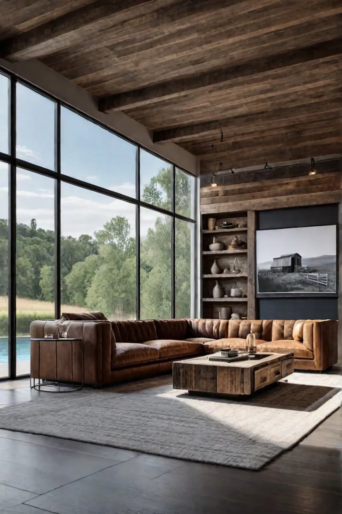 Modern farmhouse living room with leather sofa and barn door