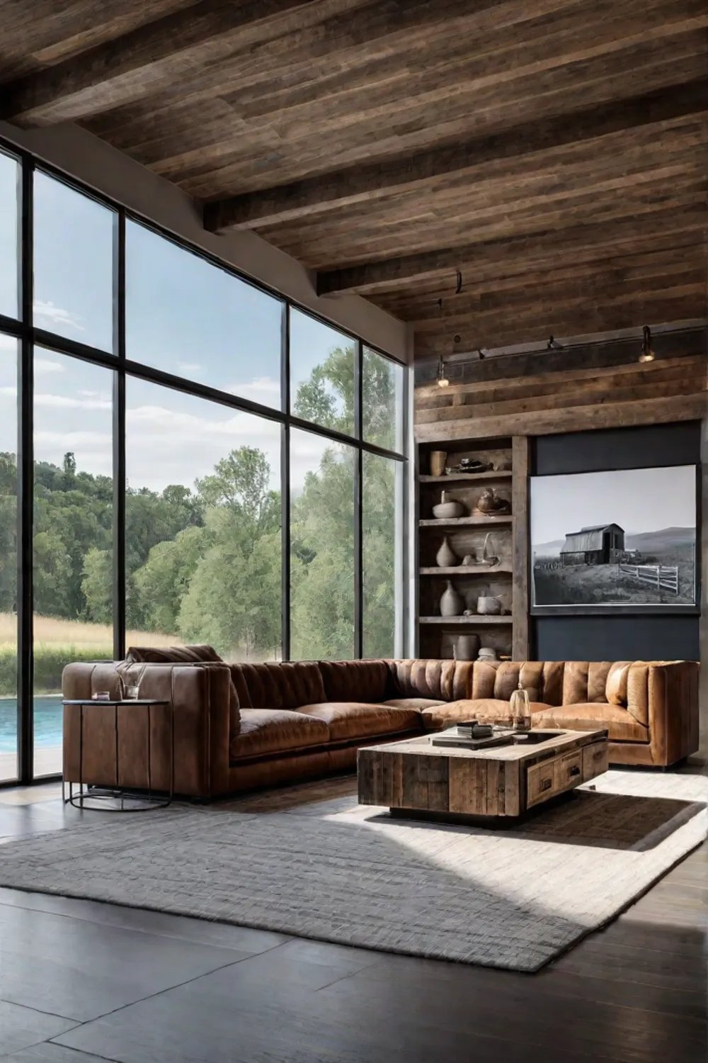Modern farmhouse living room with leather sofa and barn door