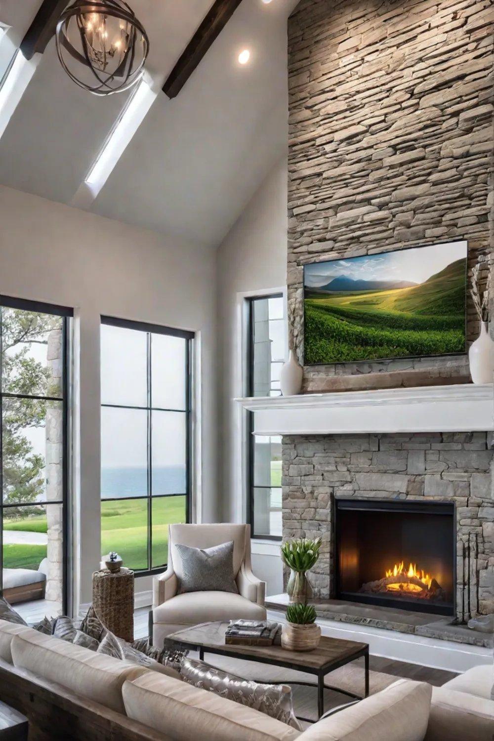 Modern farmhouse living room with stone fireplace and reclaimed wood mantel