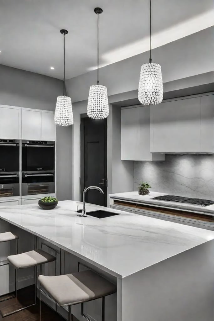Modern kitchen island with white quartz countertop and bar seating