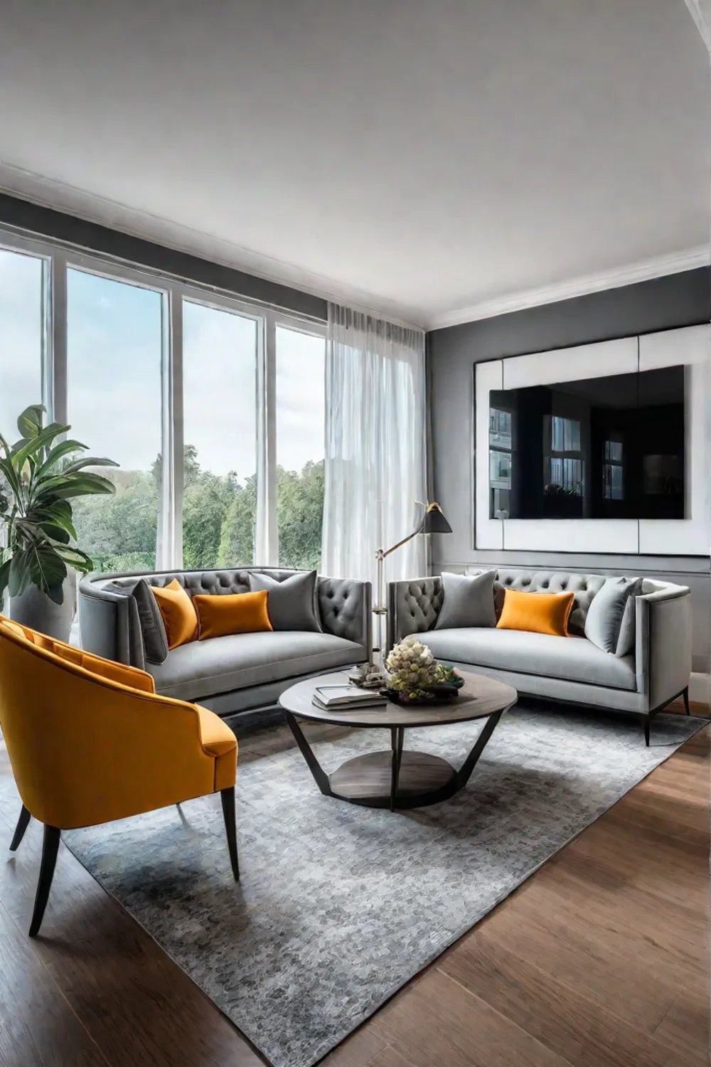 Modern living room with a sleek sofa and armchairs in a durable