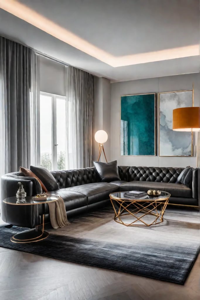 Modern living room with leather sofa and geometric patterns