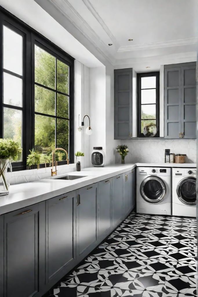 Modern black and white laundry room with geometric floor tiles