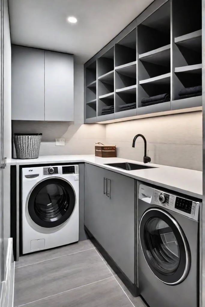 Modern laundry room with minimalist design and stainless steel accents