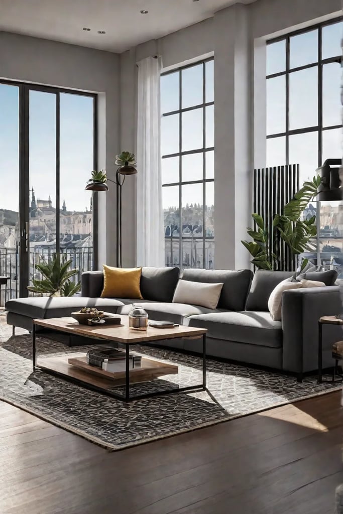 Multifunctional living room with modular furniture and flexible seating arrangements