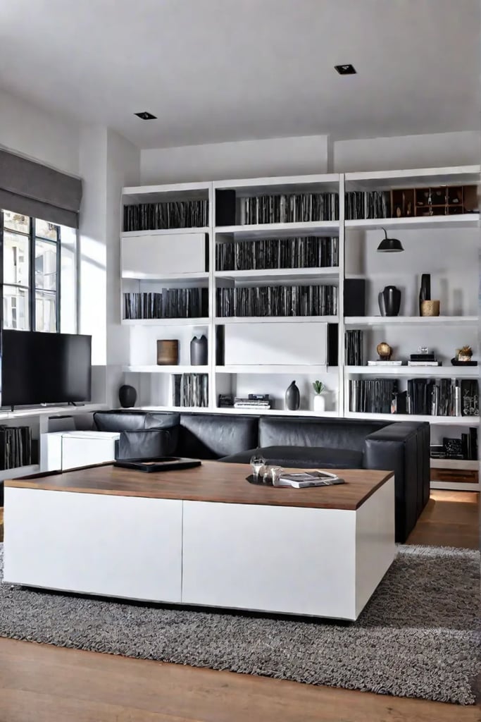 Multifunctional living room with modular furniture and wallmounted storage