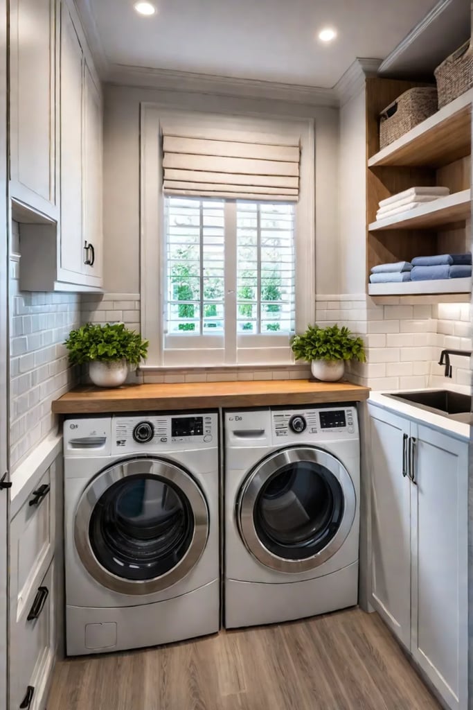 Multifunctional cabinet with ironing board and storage in a small laundry room