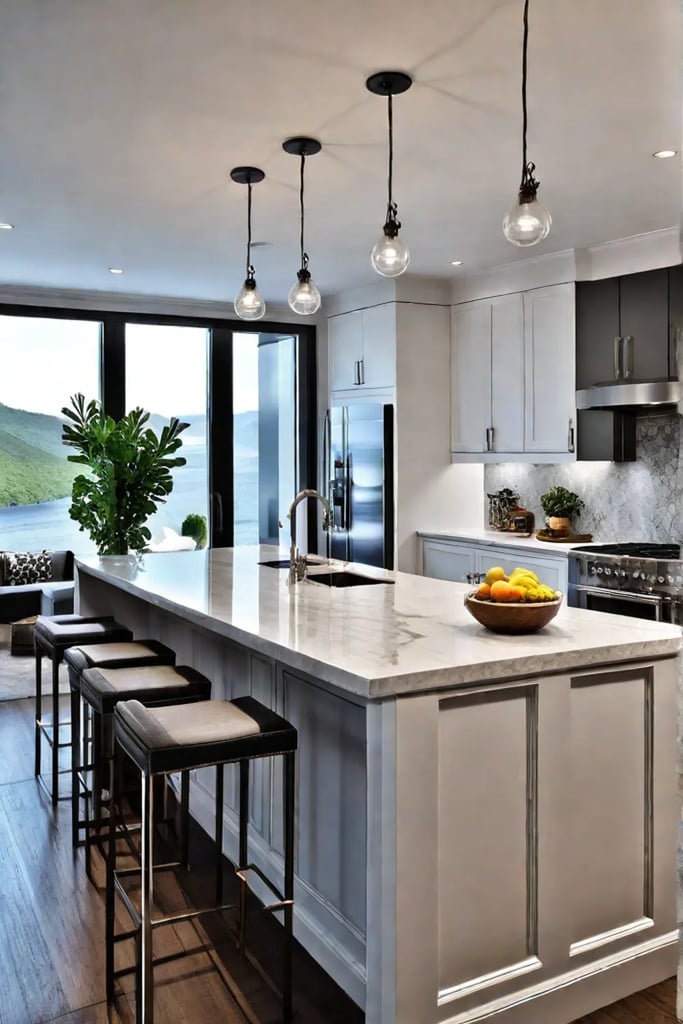 Multilevel kitchen island with raised breakfast bar