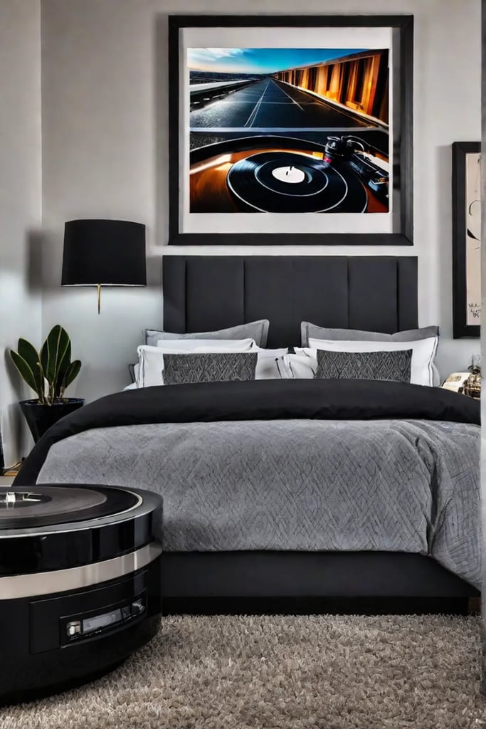 Musicthemed bedroom with a record player and vinyl collection