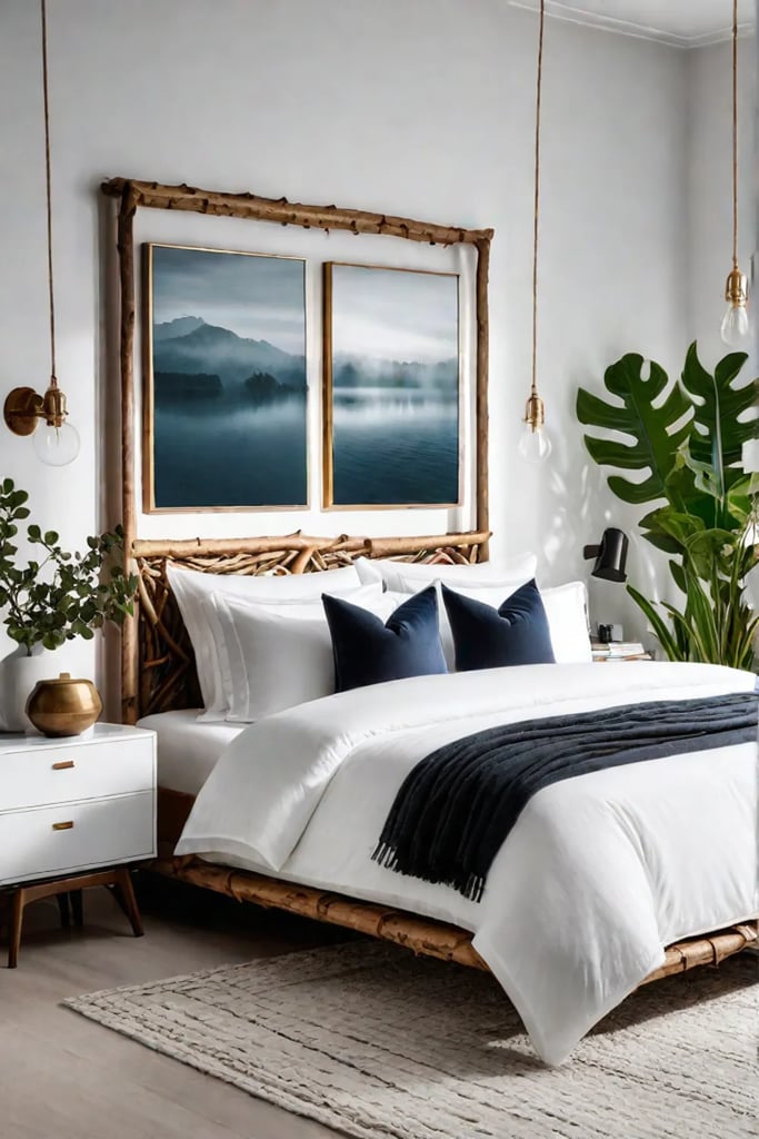 Natural tree branch headboard for a rustic bedroom