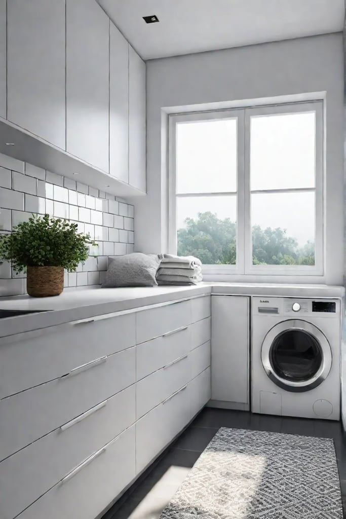 Natural light illuminates a small laundry room with white walls and open shelves