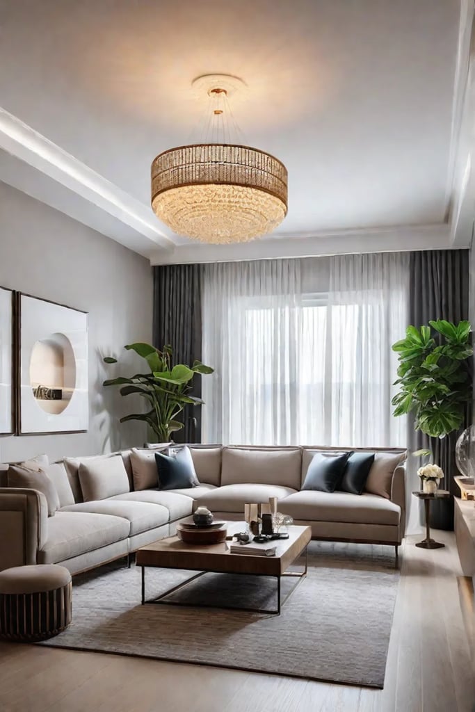 Neutral living room with colorful lighting accents