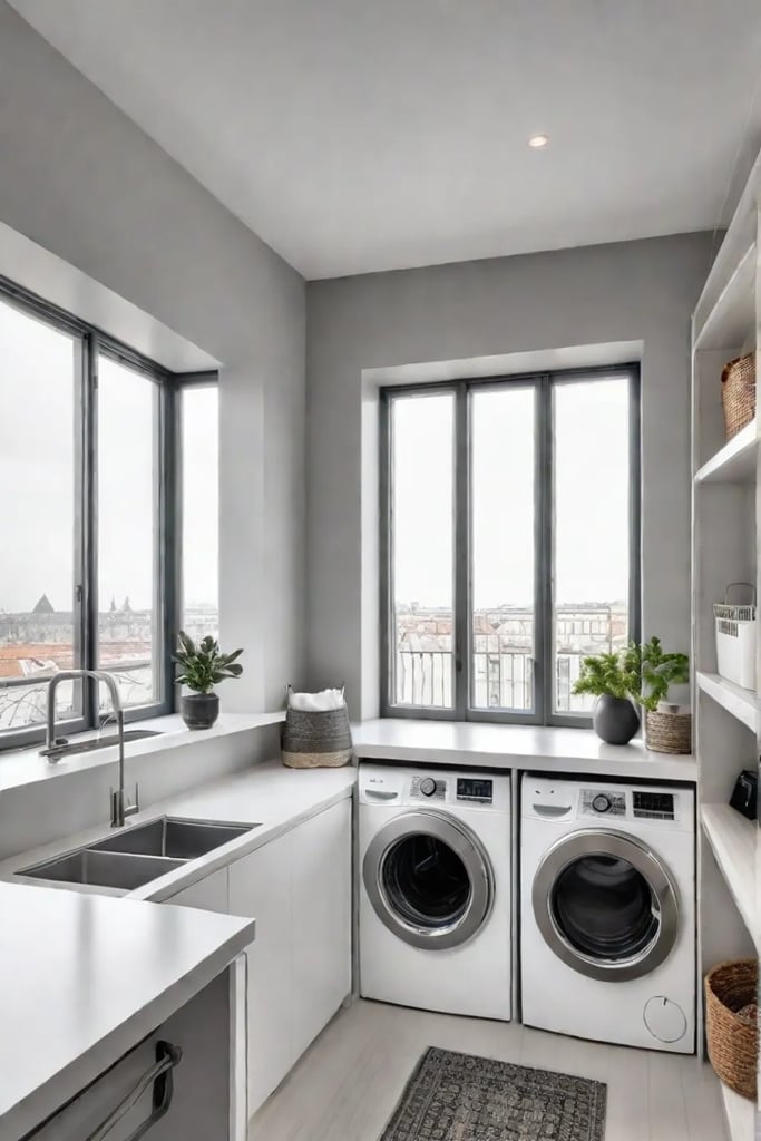 Open and inviting laundry room with storage unit and labels