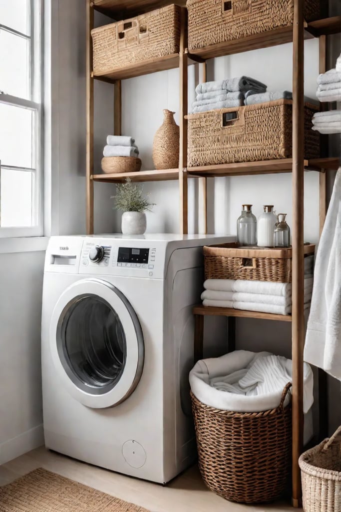 Open wooden shelving adds warmth and storage to a white laundry room