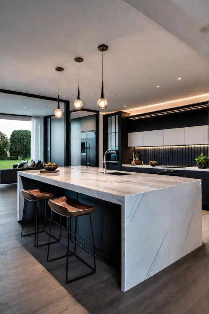 Openconcept kitchen with quartz island countertop for entertaining