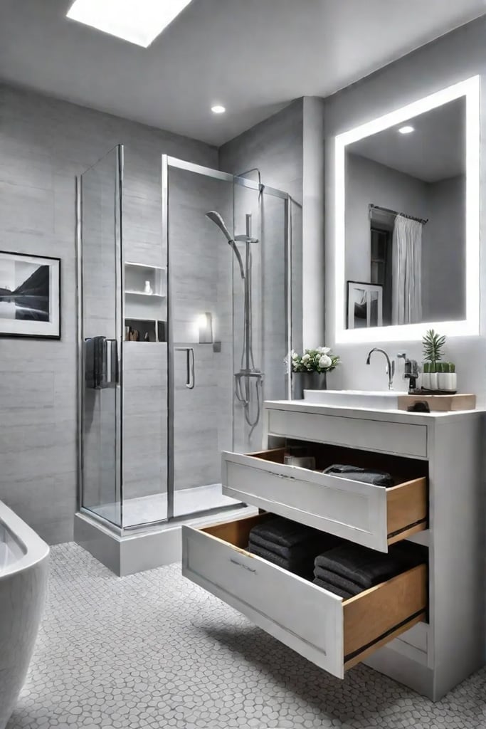 Organized bathroom with plenty of storage for safety