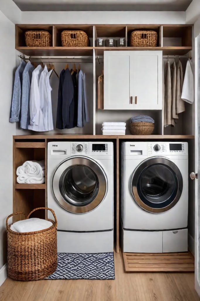 Organized apartment laundry room with pullout ironing board