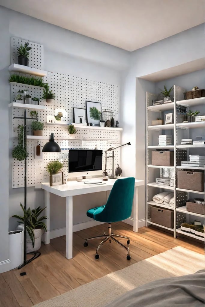 Organized hobby corner in a bedroom with pegboards and adjustable lighting