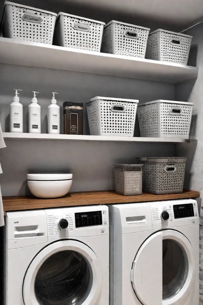 Organized laundry room with labeled baskets and bins