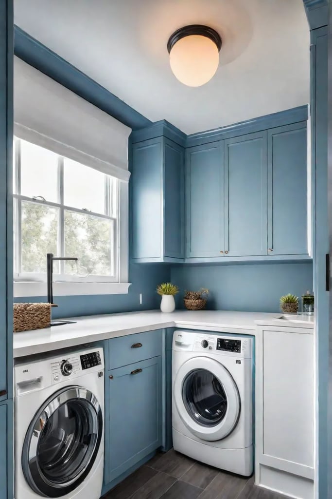 Organized laundry room with stacked appliances and pullout drying racks