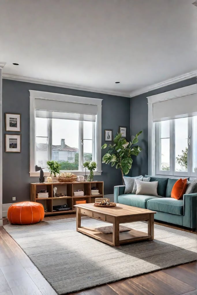 Organized living room with play area