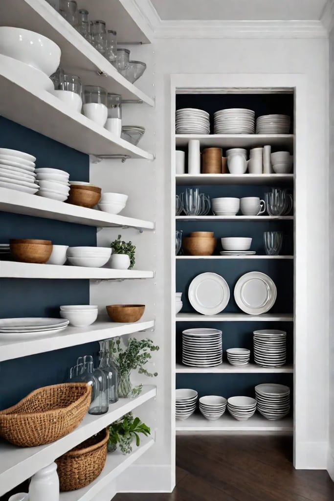 Organized pantry with vintage and modern dishware