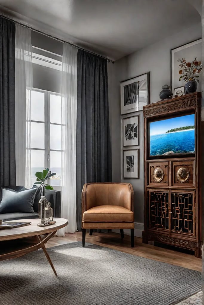 Personalized living room with travel souvenirs and thrifted finds