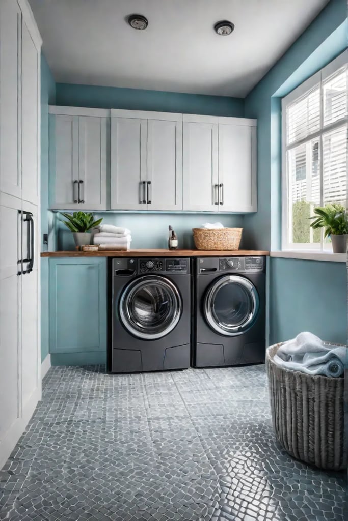 Petfriendly laundry room with washing station and drying rack