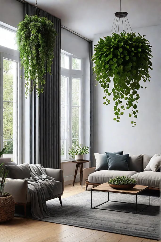 Plantfilled living room with hanging planters and diverse greenery